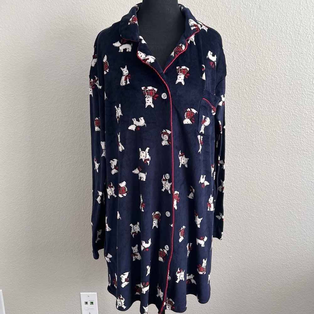 Laura Ashley Large Sleep Shirt  Nightgown Long Sleeve Navy Velour Scottie Dogs